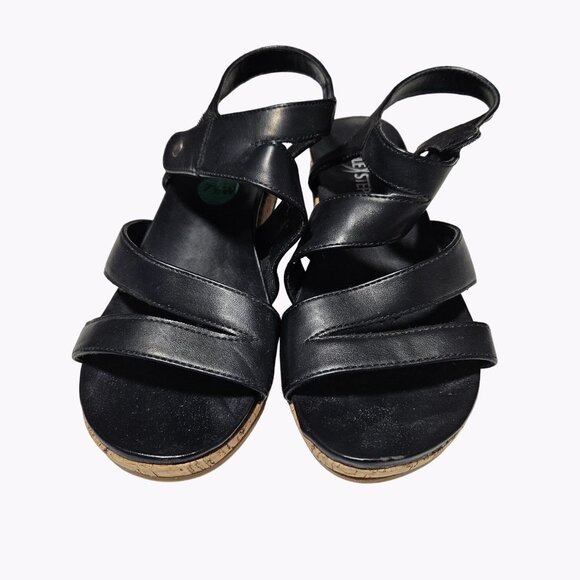 Flex Step Black Faux Leather Sandals Womens 7.5 M Strappy Sling Back Wedge Heels - Picture 2 of 14
